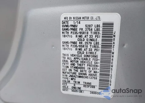 2014 Nissan Murano Sv z USA, uszkodzony, nr VIN JN8AZ1MW6EW513759